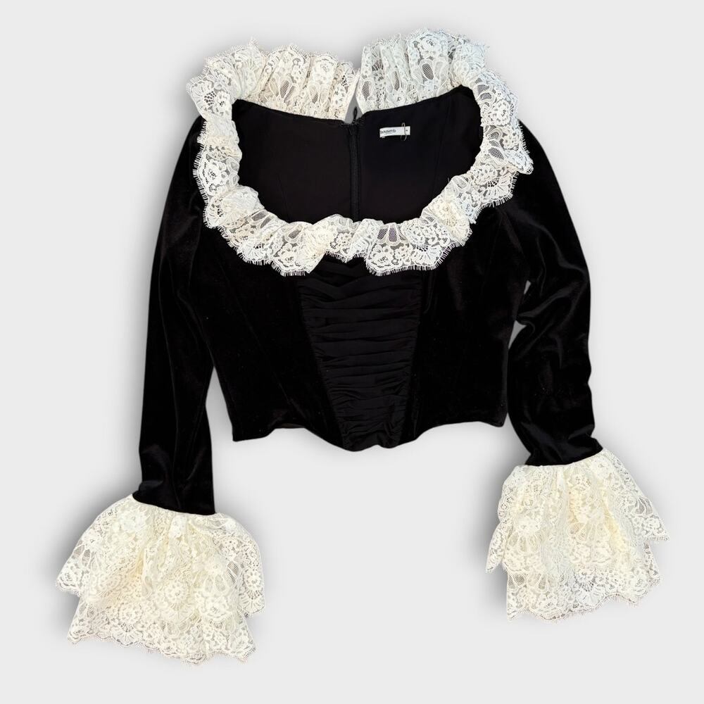 NEW HOUSE OF CB Jacinda Black Velvet Lace Trimmed Corset Top Size Medium - Picture 6 of 12